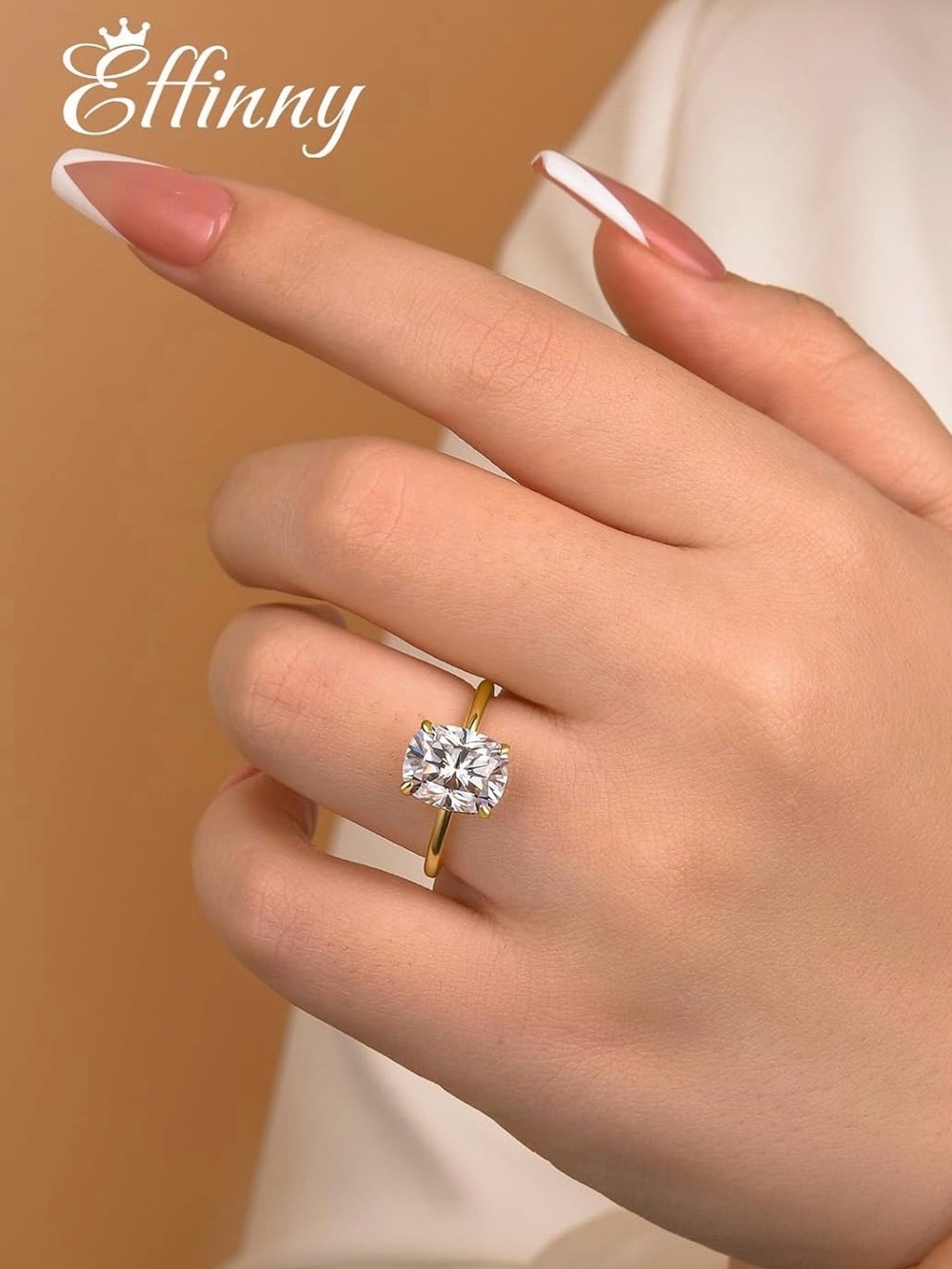 Gold Solitaire Ring with Clear Cushion-Cut Stone